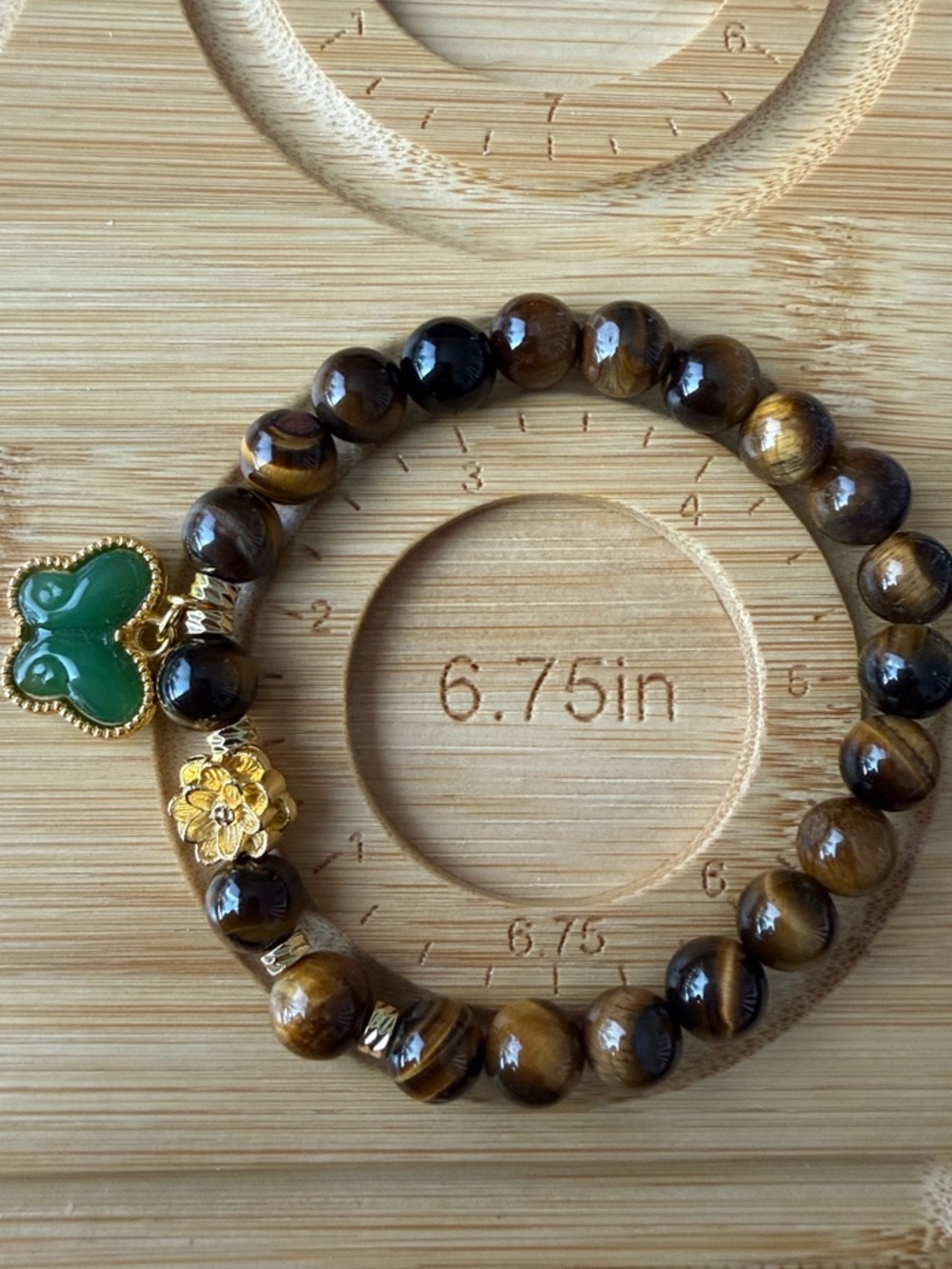 Tiger Eye 8mm Beaded Bracelet with Green Butterfly and Flower Gold Tone Charm